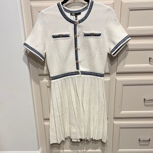 Maje Cream Short-Sleeve Pleated Knit Dress with Navy Trim
